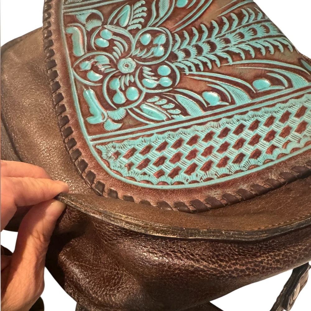 Turquoise and Brown Tooled Leather Crossbody Bag - Picture 4 of 10